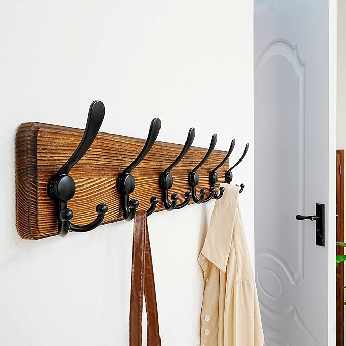 Dseap Coat Rack Wall Mounted - 24" Long 6 Tri Hooks, Heavy Duty Wooden Wall Coat Hanger Coat Hook for Clothes Hat Jacket Clothing, Natural and Black, Pack of 2