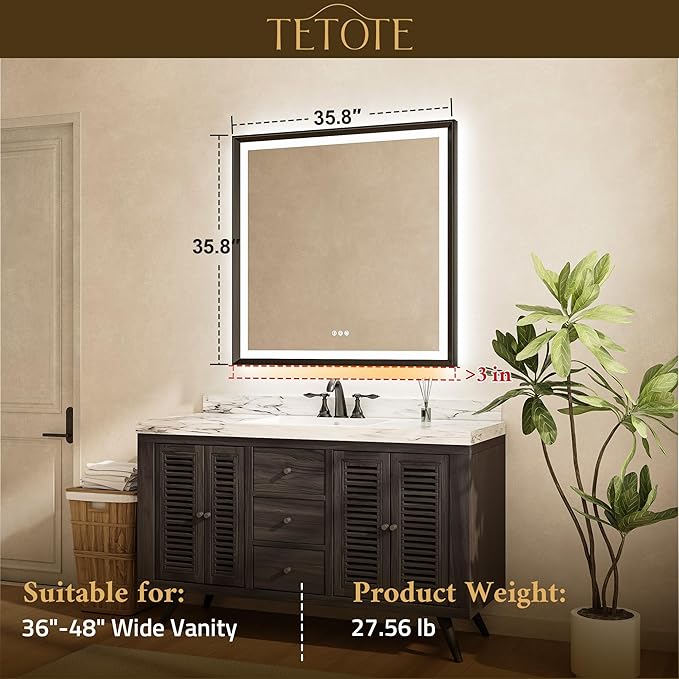 TETOTE 36x36 LED Mirror for Bathroom Gold Metal Frame Frontlit & Backlit Lighted Vanity Mirror Baroque Anti Fog Stepless Dimmable White/Warm/Natural,CRI90+,Waterproof,Wall Mounted(Horizontal/Vertical)