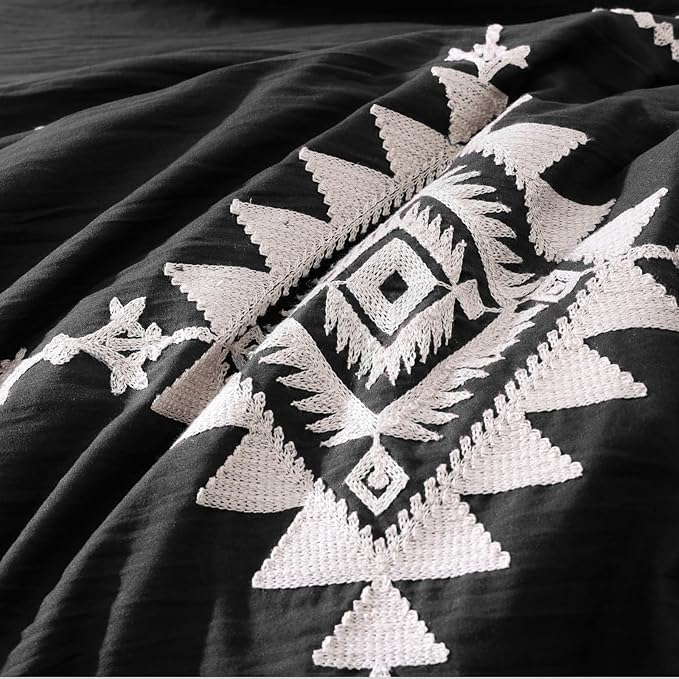 MaiRêve Embroidery Full Size Comforter Set Black, Farmhouse Western Boho Bedding Set 7 Pieces, All Season Bed in A Bag Comforter Set with Sheets, Pillowcases & Shams