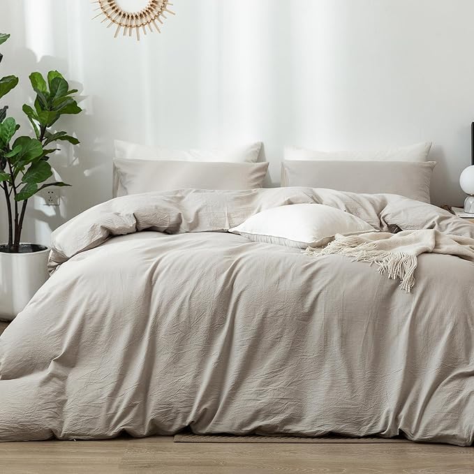 MooMee Bedding Duvet Cover Set 100% Washed Cotton Linen Like Textured Breathable Durable Soft Comfy (Heathered Cream Grey, Oversized King Plus 128"x120")