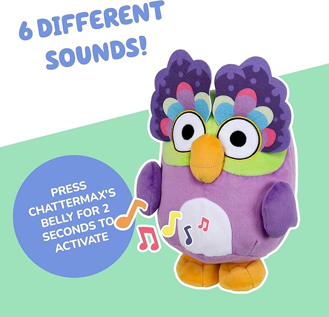 Bluey Chattermax Sound Effects Talking Plush, 10” Soft Toddler Toys, Interactive Singing Stuffed Animal with 6 Phrases, Baby Plush Toys for Kids