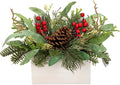 Christmas Centerpieces 8 Inch Artificial Christmas Plant in Rectangular Wooden Pot Tabletop Pine Plants with Red Berries Pine Cones Eucalyptus for Winter Holiday Party Fireplace Mantel Xmas Decor