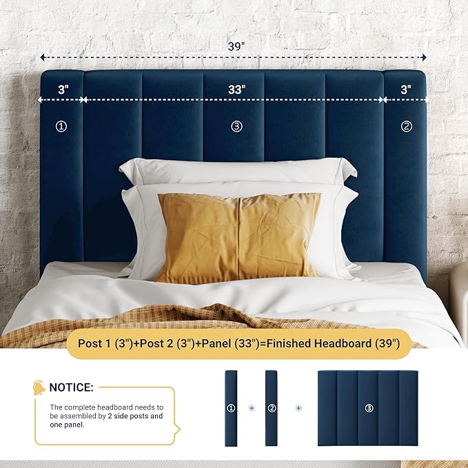 Allewie Twin Bed Frame/Velvet Upholstered Bed Frame with Vertical Channel Tufted Headboard/Strong Wooden Slats/Platform Bed Frame/Mattress Foundation/Box Spring Optional/Easy Assembly/Navy Blue