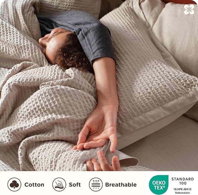 Bedsure Cotton Duvet Cover Set - 100% Cotton Waffle Weave Linen Color Duvet Cover California King Size, GentleSoft™ and Breathable Cal King Bedding Set for All Season, 3 Pieces, 104"x98"