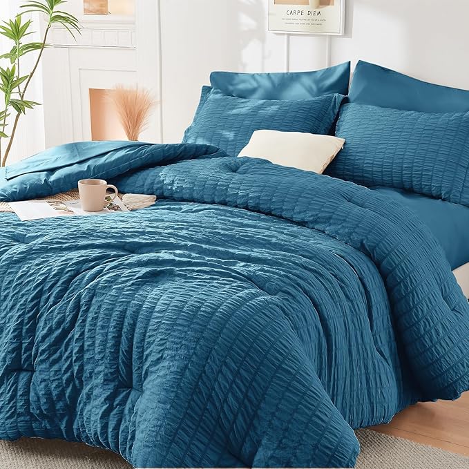 HYMOKEGE Teal King Size Comforter Set Seersucker 7 Pieces, All Season Luxury Bed in a Bag for Bedroom, Bedding Set with Comforters, Sheets, Pillowcases & Shams