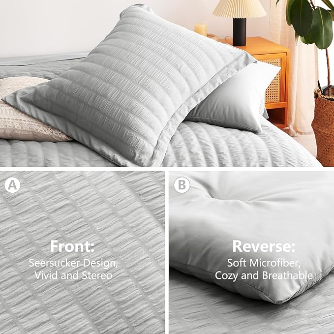 CozyLux King Size Comforter Set Light Grey Seersucker 7 Pieces Bed in a Bag King Comforter Set with Sheets, Luxury Bedding Set with Down Alternative Comforter, Sheets, Pillowcases & Shams All Seasons