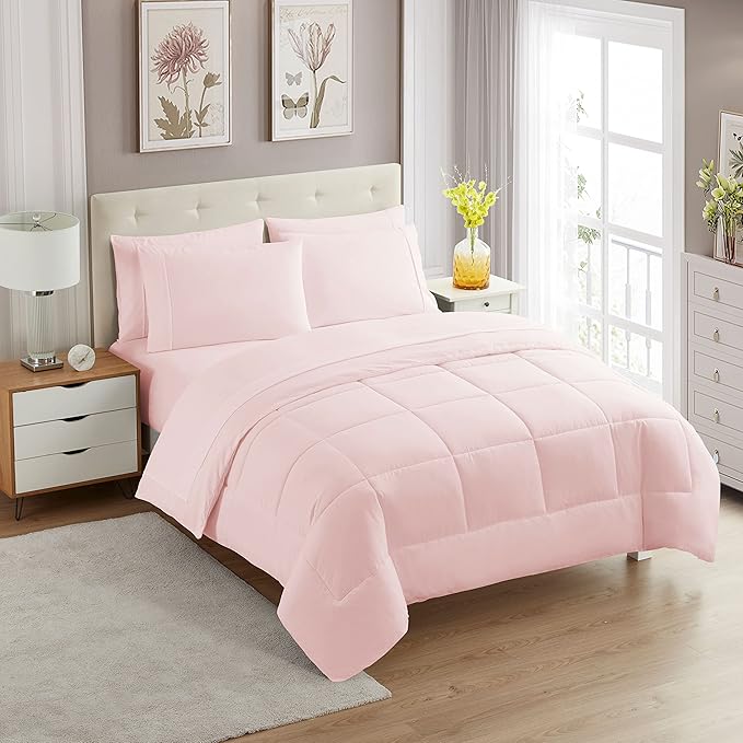 King Size Comforter Set with Sheets - 7-Piece Bedding Collection - 1 Comforter, 1 Fitted Sheet, 1 Flat, 4 Pillowcases - Deep Pocket - Soft & Premium Quality - Ideal for All Seasons, Pale Pink