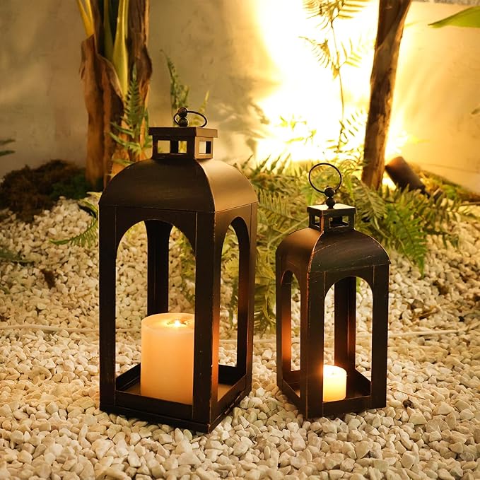 DECORKEY LED Lantern Decorative Outdoor&Indoor, Set of 2 (17’’&13’’) Black Metal Lanterns Decor, Vintage Hanging Candle Holder for Home Porch Wedding Halloween Christmas Decorations Battery Powered