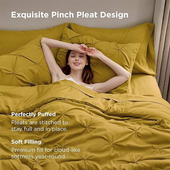 Bedsure Queen Comforter Set - Bed in a Bag Queen Size Bedding 7 Pieces, GentleSoft™ Pintuck Bed Set Gift for Family, Pinch Pleat Mustard Yellow Comforter with Sheets, Pillowcases & Shams