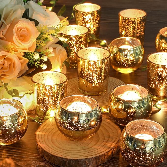 Gold Votive Candle Holders 12Pcs Assorted Gold Mercury Glass Votives Tealight Candle Holders for Table Centerpiece Wedding Bridal Shower Engagement Party Festival Holiday Home Decor