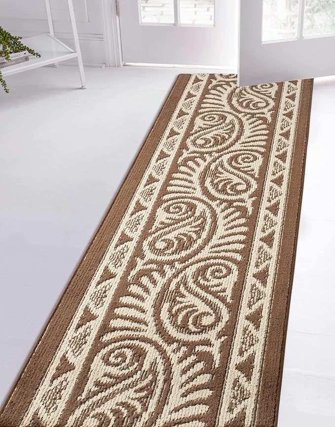 Custom Length Cut to Size Tribal Ethnic Southwestern Inspired Hallway Runner Rug, Non Slip Rubber Backed, 31 inch Wide X Customized Length, Mayan Brown, 31 inch X 12 feet