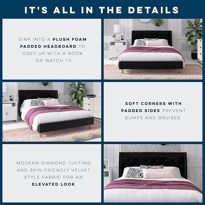 Novogratz The Her Majesty Upholstered Bed, Queen, Black Velvet