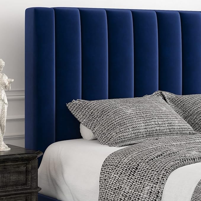 Allewie King Platform Bed Frame/Velvet Upholstered Bed Frame with Vertical Channel Tufted Headboard/Strong Wooden Slats/Mattress Foundation/Box Spring Optional/Easy Assembly/Navy Blue