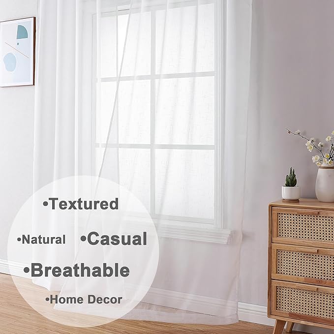 Aiyufeng White Sheer Curtains 72 inches Long 2 Panels, Fresh Textured Semi Sheer White Curtains Linen Breathable Elegant Door Curtains & Drapes for Farmhouse/Living Room/Kitchen, 40Wx72L inch