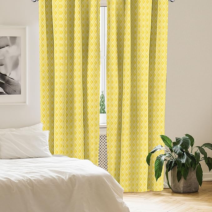 Ambesonne Yellow Window Curtains, Moroccan Trellis Pattern in Yellow Tones Vintage Eastern Pattern, Lightweight Decor 2-Panel Set with Rod Pocket, Pair of - 28" x 84", Mustard Yellow