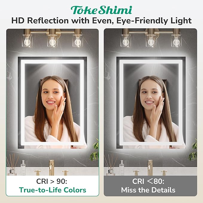 TokeShimi 40x32 Lighted Mirrors for Bathroom Wall,Backlit + Front lit LED Mirror for Bathroom,Dimmable 3-Color,Anti-Fog,Memory Function,Tempered Glass.Shatterproof,Waterproof,UL Listed