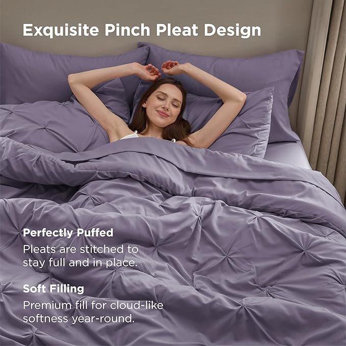 Bedsure King Size Comforter Set Grayish Purple - Bed in a Bag Bedding Set 7 Pieces, GentleSoft™ Pintuck Bed Set Gift for Family, Pinch Pleat Grayish Purple Comforter with Sheets, Pillowcases & Shams