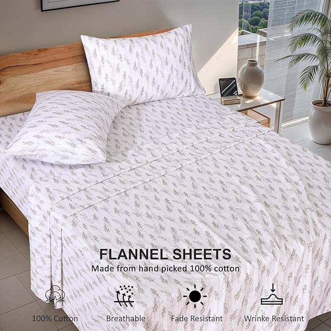 RUVANTI Flannel Sheets Full Size - 100% Cotton Double Brushed Bed Sheets Set, Deep Pockets 16 Inches, All Seasons Breathable & Extra Soft Full Sheets, Warm & Cozy, 4 Piece, Dried Straw