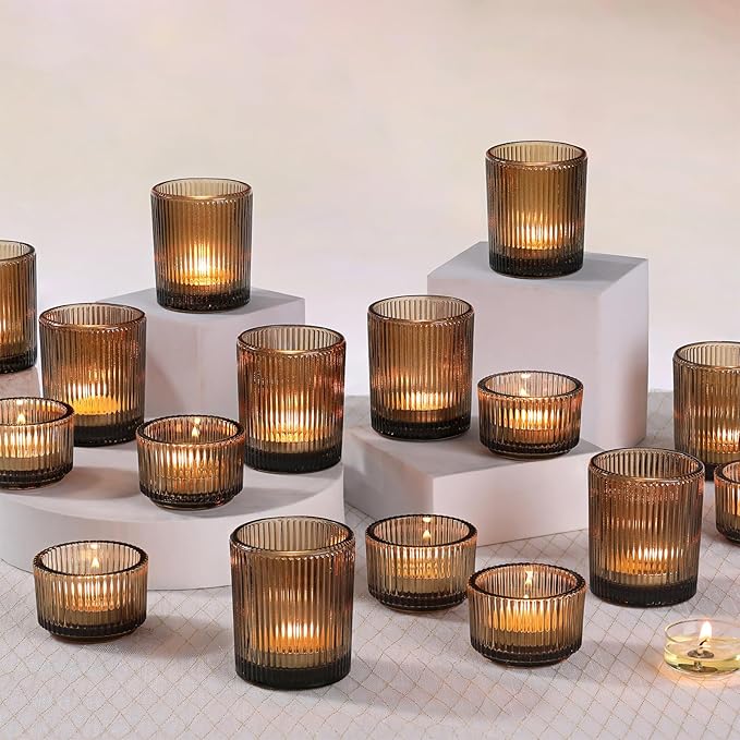 10pcs Ribbed Amber Votive Candle Holders, Assorted Glass Tea Light Candle Holders for Fall Decor, Amber Candle Holders for Wedding Centerpieces, Thankgiving and Christmas Decorations