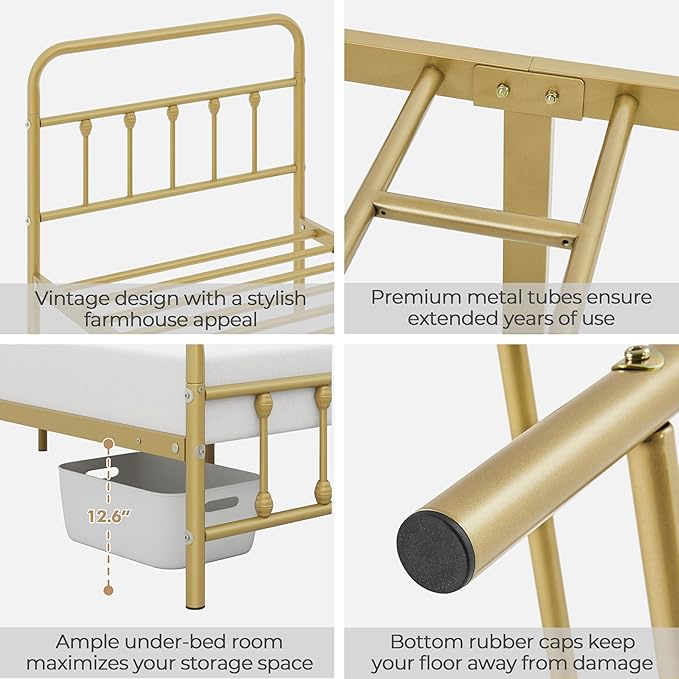 Yaheetech Classic Metal Platform Bed Frame Mattress Foundation with Victorian Style Iron-Art Headboard/Footboard/Under Bed Storage/No Box Spring Needed/Twin Size Antique Gold