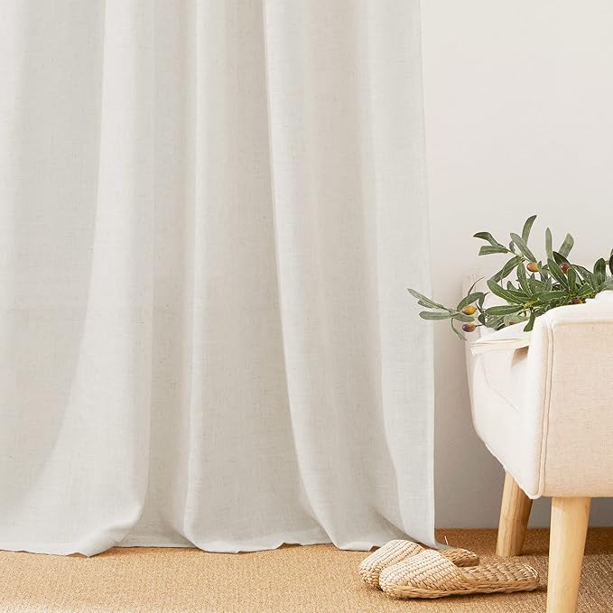 RYB HOME Semi Sheer Curtains - Linen Blend Privacy Curtains Sheer Window Treatment Drapes Farmhouse Decor for Bedroom Living Room Sliding Glass Door, 52 inch Wide x 95 inch Long 2 Panels, Linen