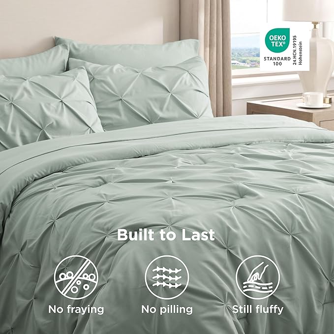 Bedsure Oversized Queen Comforter Set Sage Green - Bed in a Bag Bedding Set 7 Pieces, GentleSoft™ Pintuck Bed Set Gift for Family, Pinch Pleat All Season Comforter with Sheets, Pillowcases & Shams