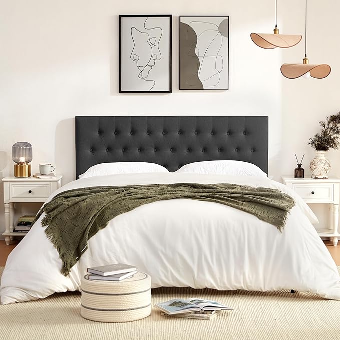 Tufted Upholstered Headboard King Size, Solid Wood Head Board with Durable Metal Legs, Adjustable Height Bed headboard from 37” to 51” Fabric Headboard in Modern Button Design (Black)