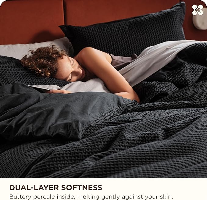 Bedsure Cotton Duvet Cover King - 100% Cotton Waffle Weave Black Duvet Cover King Size, GentleSoft™ and Breathable Bedding Set for All Season, 3 Pieces, 104"x90"