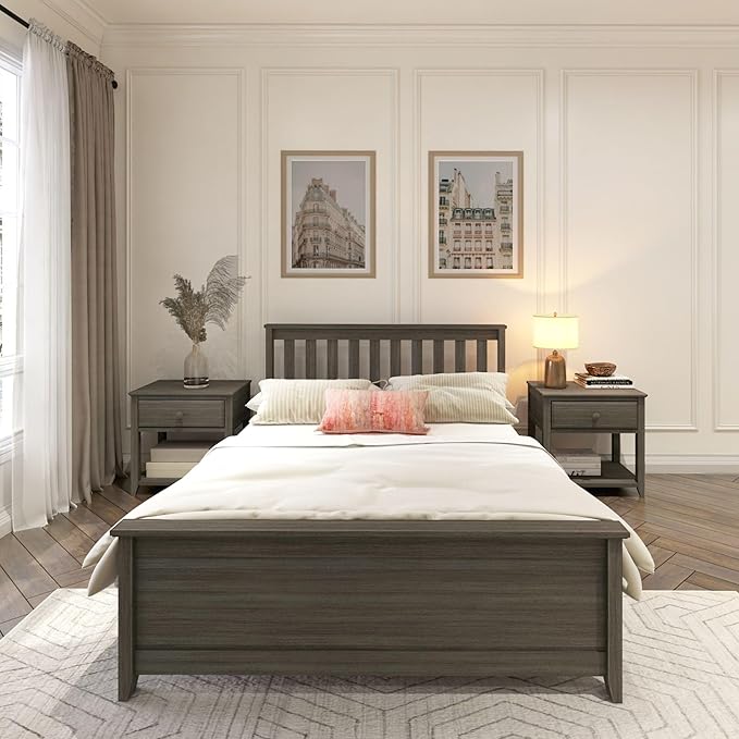 Plank+Beam Solid Wood Full Bed Frame, Platform Bed with Headboard, Clay