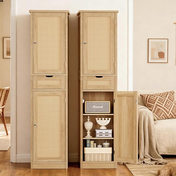 Iwell Tall Narrow Storage Cabinet with Doors, Rattan Cabinet with Adjustable Shelves, Freestanding Linen Storage for Living Room, Entryway, Kitchen, Bathroom, Natural