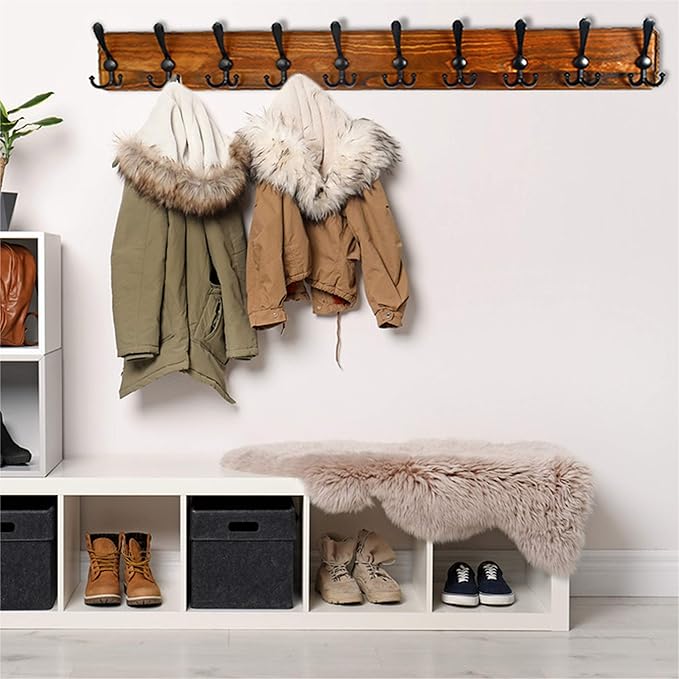 Dseap Coat Rack Wall - Heavy-Duty 38-1/4" Long, with Reinforced 10 Custom Tri-Hooks, Solid Wood Wall Hanger for Coats Hat Jackets - Rustic Farmhouse Entryway Hallway Storage, Natural & Black