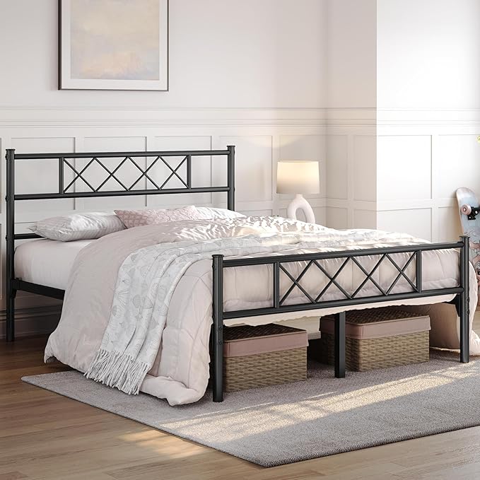 Yaheetech Full Size Metal Platform Bed Frame with Simple Headboard and Footboard, Mattress Foundation for Under Bed Storage, Steel Slat Support, No Box Spring Needed, Easy Assembly, Black