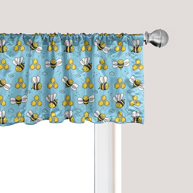 Ambesonne Cartoon Window Valance, Summer Style Funny Demonstration of Happy Flying Characters and Hexagon Comb, Curtain Valance for Kitchen Bedroom Decor with Rod Pocket, 42" x 18", Sky Blue Mustard