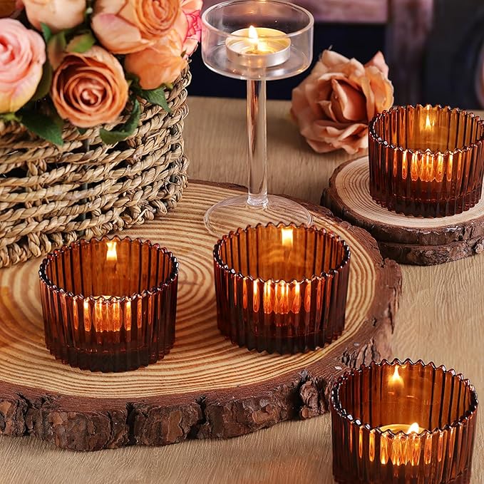 24 pcs Large Tea Light Holders, Amber Glass Candle Holders, Votive Candle Holders for Table Centerpiece Wedding Table Decor