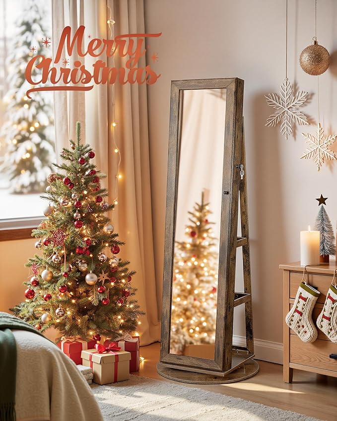 SONGMICS 360° Swivel Jewelry Cabinet, Lockable Jewelry Organizer with Full-Length Mirror, Rear Storage Shelves, Interior Mirror, Jewelry Armoire, Christmas Gifts for Women, Rustic Brown UJJC006X01