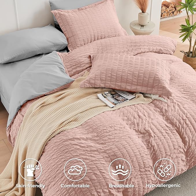 HYMOKEGE Rose Gold/Light Grey Twin Comforter Set Seersucker 5 Pieces, All Season Luxury Bed in a Bag for Bedroom, Bedding Set with Comforter, Sheets, Pillowcase & Sham