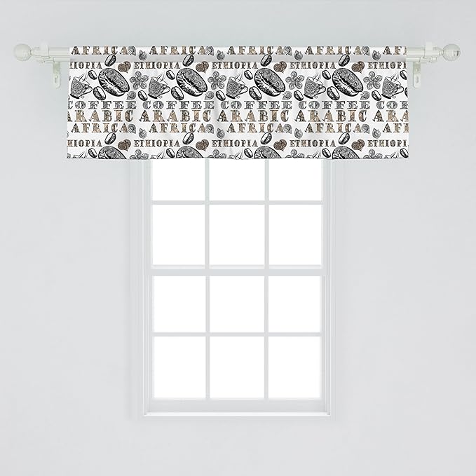 Ambesonne Modern Window Valance, Coffee Beans with Ornamental Words Ethiopians Pattern, Curtain Valance for Kitchen Bedroom Decor with Rod Pocket, 54" X 18", Sand Brown Black