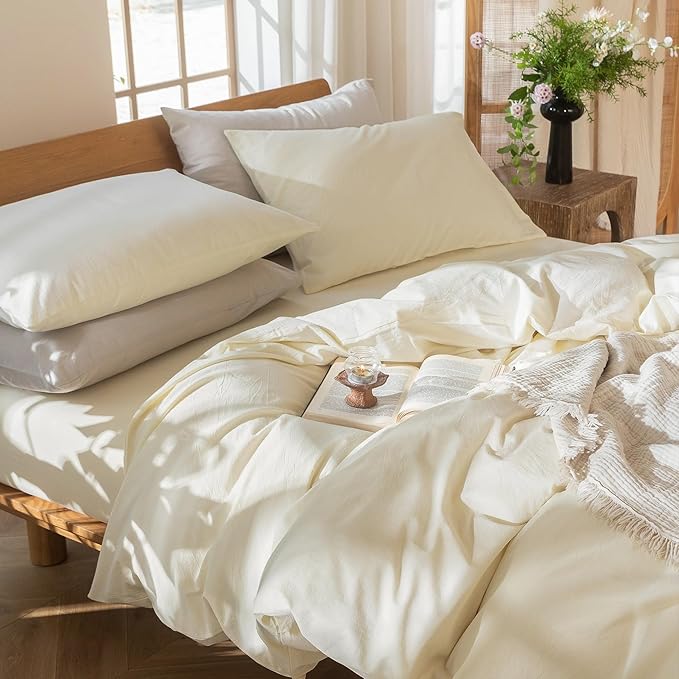 MooMee Bedding Duvet Cover Set 100% Washed Cotton Linen Like Textured Breathable Durable Soft Comfy (Solid Cream White, Super King Plus 120"x120")
