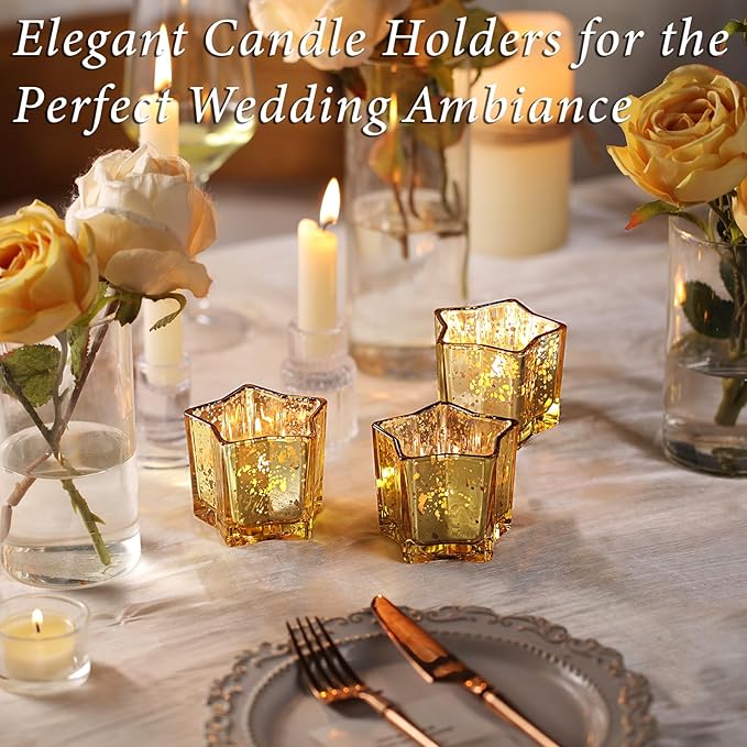 Letine 8pcs Gold Star Candle Holders Set - Elegant Tea Light & Votive Holders for Diwali, Weddings, Fall Decor - Mercury Glass Star Jars with Celestial Glow(2.44" Height)