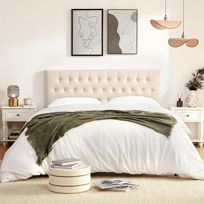 Tufted Upholstered Headboard California King Size, Solid Wood Head Board with Durable Metal Legs, Adjustable Height Bed headboard from 37” to 51” Fabric Headboard in Button Design, Beige
