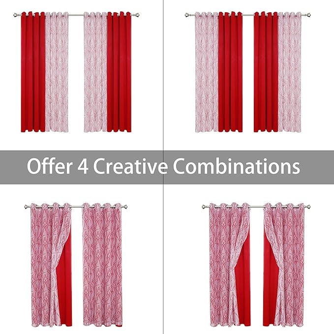 BONZER Mix and Match Curtains - 2 Pieces Branch Print Sheer Curtains and 2 Pieces Blackout Curtains for Bedroom Living Room Grommet Window Drapes, 54x95 Inch/Panel, Red, Set of 4 Panels