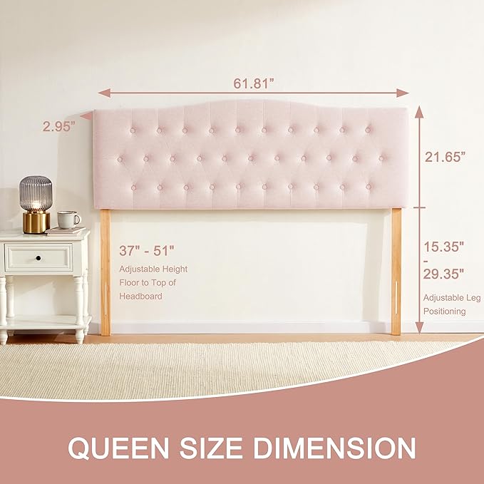 Tufted Upholstered Headboard Queen Size, Sturdy and Durable Solid Wood Bed headboard, Fabric Headboard Adjustable Height from 37” to 51”, Modern Button Diamond Design Head Board, Pink