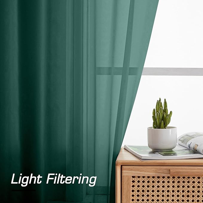 Aiyufeng Hunter Green Sheer Curtain Drapes 63 Inch Length 2 Panels for Living Room, Light Filtering Voile Green Drapes for Bedroom, Patio, Sliding Door, Each 40" W x 63" L