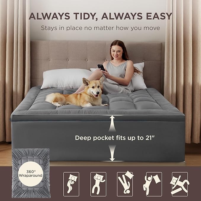 Bedsure Mattress Topper Queen - Pillow Top Mattress Pad Cover with Deep Pocket Fits up to 21 Inches, Plush Soft Bed Topper for Back Pain Relief, Overfilled with Down Alternative Filling, Grey