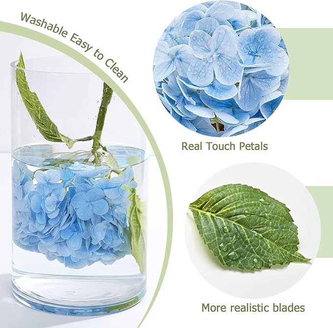 Waipfaru 21" Real Touch Blue Hydrangea Artificial Flowers with Long Stem & Leaves, Full Latex Faux Hydrangea Flowers for Home Decor Party Floral Arrangements Wedding Bouquets Centerpieces, 5Pcs