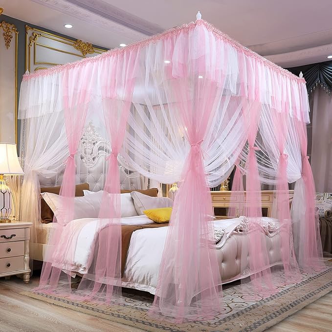Joyreap Luxury 4 Corners Post Canopy Bed Curtains - Pink & White Cozy Drape Netting - Cute Princess Bedroom Decoration Accessories (47" W x 78" L, Twin)