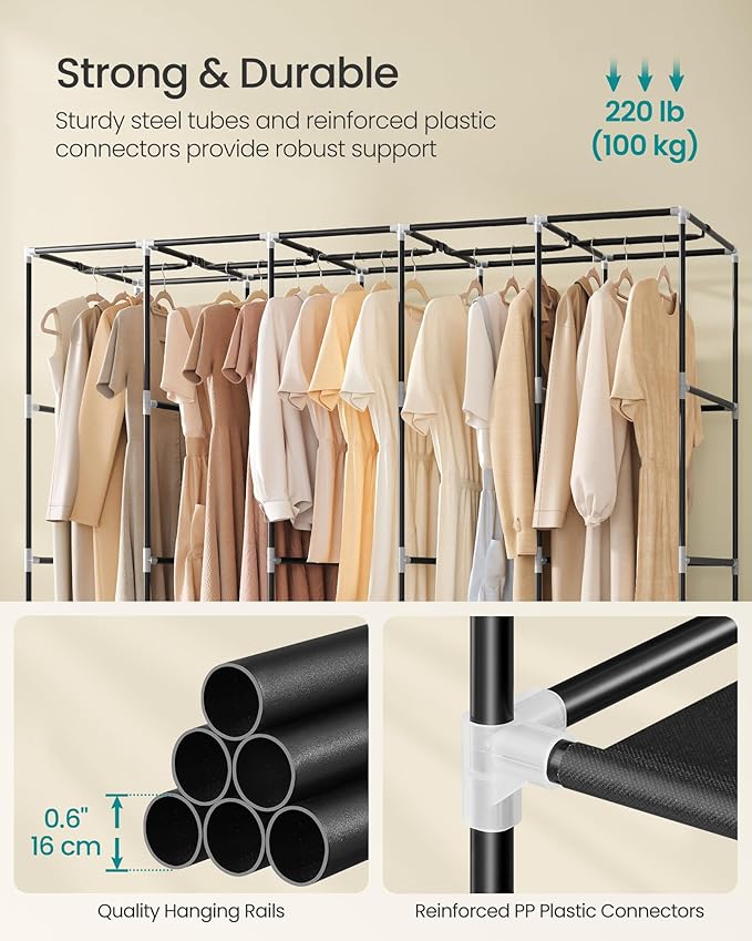 SONGMICS Portable Closet, Wardrobe Closet Organizer with Cover, 5 Hanging Rods and Shelves, 4 Side Pockets, 17.7 x 83 x 65.7 Inches, Large Capacity for Bedroom, Living Room, Ink Black URYG095B01