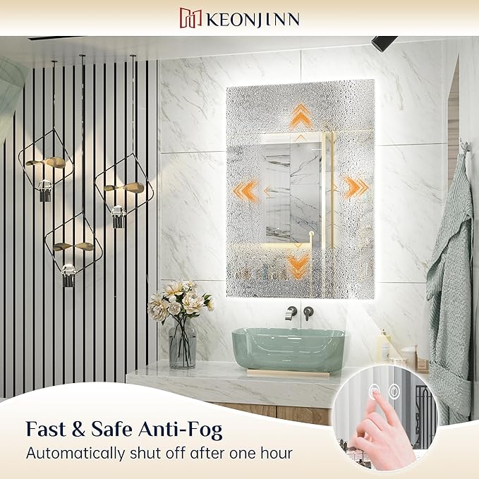 Keonjinn 24 x 36 Inch Backlit Mirror for Bathroom, Anti-Fog Led Mirror, CRI90+ HD Tempered Glass, Stepless Dimmable Lighted Mirror, High Lumen, UL Listed, Waterproof, Horizontal/Vertical