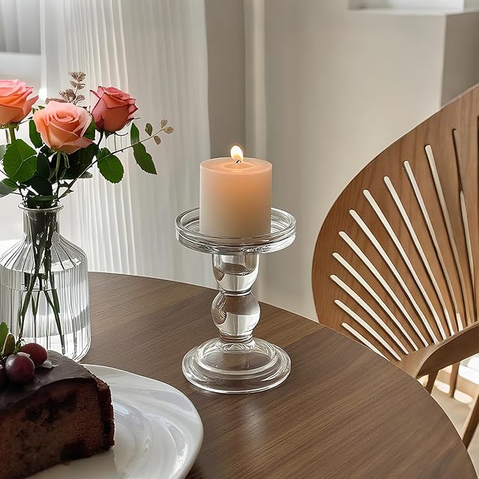 Okllen Set of 6 Glass Candle Holders, Clear Pillar Taper Candlestick Crystal Tealight Candle Holder Stand for Dinner Table, Wedding Centerpieces, Living Room, Home Decor