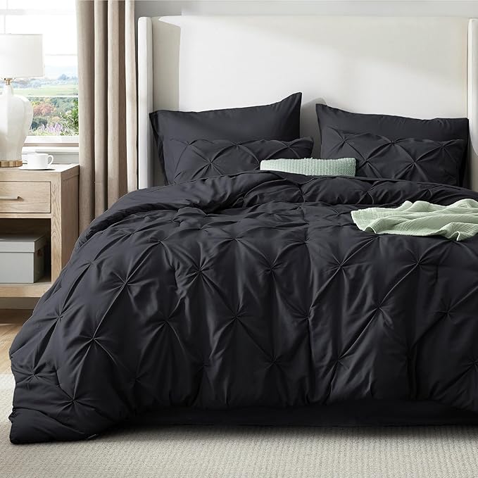 Bedsure California King Comforter Set Black - Bed in a Bag Cal King Bedding Set 7 Pieces, GentleSoft™ Pintuck Bed Set Gift for Family, Pinch Pleat Black Comforter with Sheets, Pillowcases & Shams